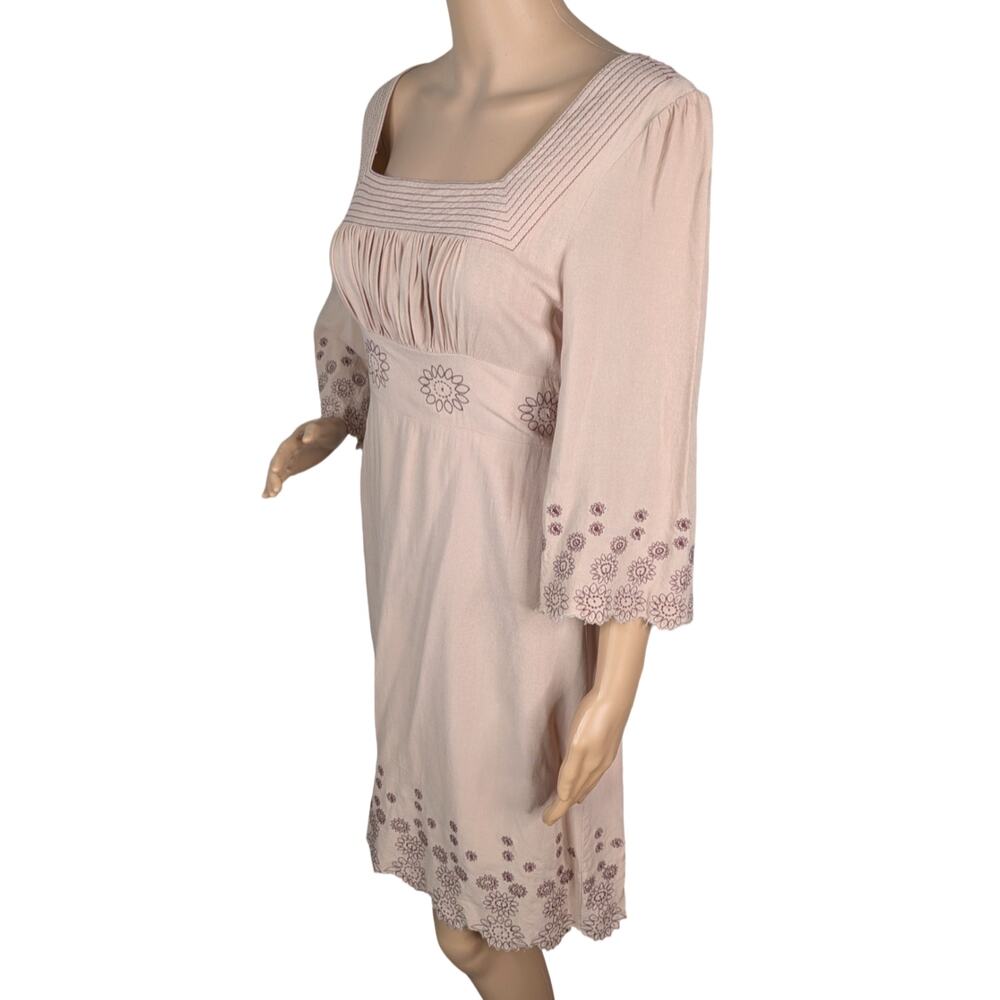 Vintage Y2K Lucca Beige Rayon Floral Eyelet Milkmaid Babydoll Mini Dress Medium - Picture 7 of 11